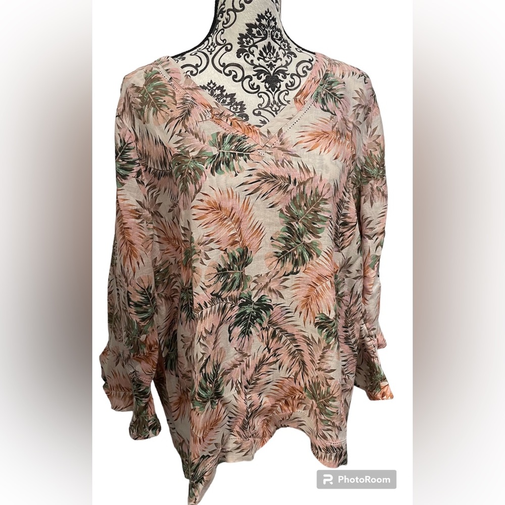 J. Jill Pink Tropical Leaf V-Neck Blouse